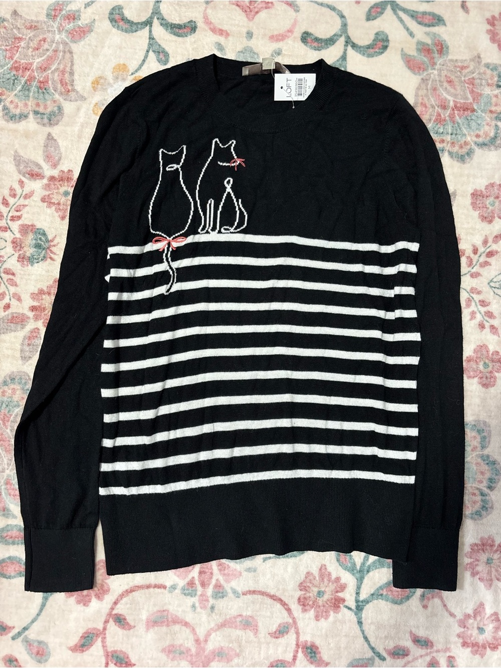 LOFT Black and White Striped knit Sweater with Cat design